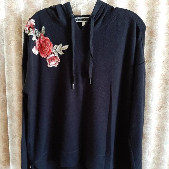 PJ Salvage Tops - Black hoodie sweater red floral embroidery detail
